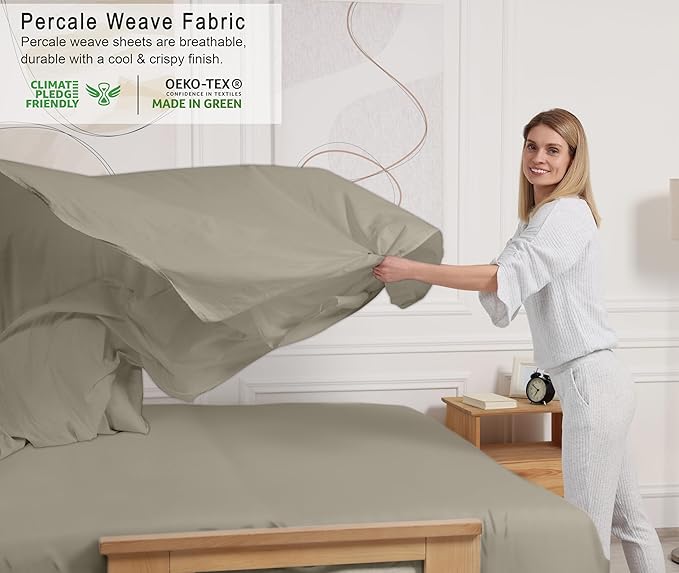 RUVANTI 100% Cotton Sheets – Full Size Percale Bedding, Cooling & Breathable, Durable with a Crisp, Soft & Comfortable Feel, 16" Deep Pocket, 4-Piece Set, Taupe