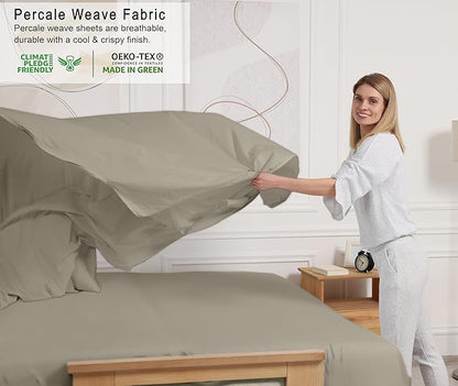 RUVANTI 100% Cotton Sheets – Full Size Percale Bedding, Cooling & Breathable, Durable with a Crisp, Soft & Comfortable Feel, 16" Deep Pocket, 4-Piece Set, Taupe