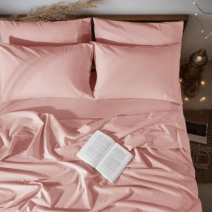 LBRO2M 100% Pure Linen Sheet Set Deep Pocket Up to 16" Bed Sheets Sets, Natural Flax Beddings Soft, Breathable, Comfortable for All Seasons 6 Pcs Sheet Set Cal King Size, Blush Pink