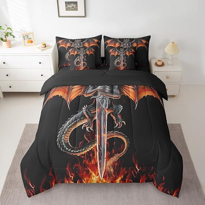 Feelyou Medieval Dragon Comforter Set 7 Pieces King Size Sword Fire Pattern Bedding Set for Boys Girls Ancient Wildlife Bed in a Bag with Comforter, Sheets, Pillowcases & Cushion Covers