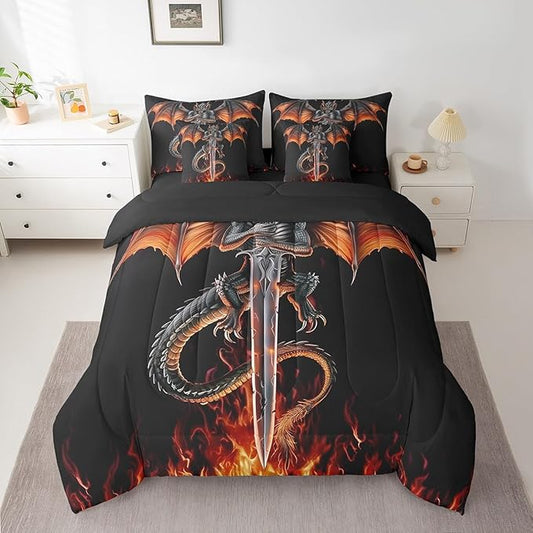 Feelyou Medieval Dragon Comforter Set 7 Pieces Full Size Sword Fire Pattern Bedding Set for Boys Girls Ancient Wildlife Bed in a Bag with Comforter, Sheets, Pillowcases & Cushion Covers