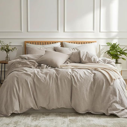 Nayoroom Brown Striped Duvet Cover Queen Size 100% Washed Cotton White Pinstripe Duvet Cover 3 Pieces Soft Breathable Girls Dorm Bedding Set for All Seasons, Yarn Dyed Process