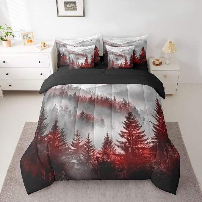 Erosebridal Foggy Mountain Full Bed in A Bag 7 Piece Green Forest Pine Tree Comforter Set with Sheets Nature Misty Woodland Bedding Sets for Kids Adults,Flying Bird Bed Set