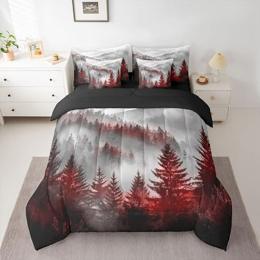 Erosebridal Foggy Mountain Queen Bed in A Bag 7 Piece Green Forest Pine Tree Comforter Set with Sheets Nature Misty Woodland Bedding Sets for Kids Adults,Flying Bird Bed Set
