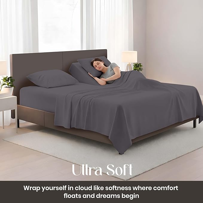 SGI Bedding Adjustable Split Head Flex Top Cal King 32" Microfiber Sheet Set – Ultra Soft, Cooling & Deep Pocket 15” Fitted, 4-Piece Breathable & Durable Bedding Set for Split Cal King Beds -Dark Gray