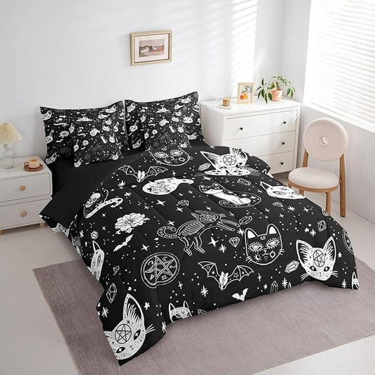 Castle Fairy Bohemia Cat Comforter Set King Size,Gothic Cats Bats Skull Bed Set 7pcs with Comforter,Fitted Sheet,Flat Sheet,2 Pillowcases,2 Throw Pillow Covers,Glitter Star Diamond Bedding Set