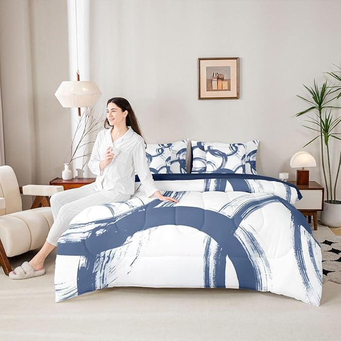 Erosebridal Blue and White 7 Piece Comforter Set Full Abstract Line Ink Painting Bedding Set for Kids Boys Girls Simple Minimalist Graffiti Art Modern Geometric Sheet Set Boho Cool Unique Mens Quilt