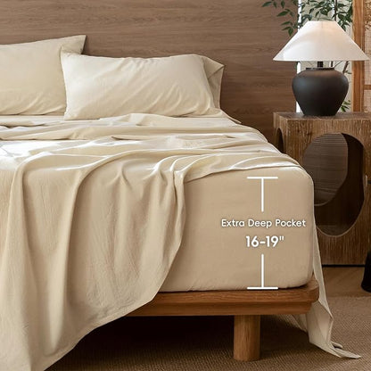 MooMee Fitted Bottom Sheet Only 100% Washed Cotton Linen Like Textured Breathable Durable Soft Comfy Deep Pocket Fits Mattress up to 17" (Almond Milk Grey, Twin)