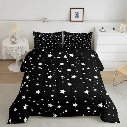 Starry Sky Comforter Set Queen Size Galaxy Star Bedding Set for Kids Boys Girls, Outer Space Down Comforter, Black and White Geometric Polka Dots Quilt Set Warm Soft Bedroom Decor 2 Pillow Cases