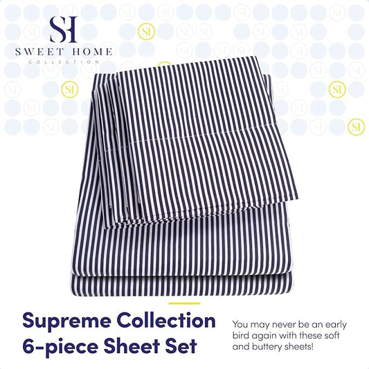 Queen Sheets Stripe Navy - 6 Piece 1500 Supreme Collection Fine Brushed Microfiber Deep Pocket Queen Sheet Set Bedding - 2 Extra Pillow Cases, Great Value, Queen, Classic Stripe Navy