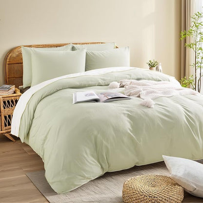 NEXHOME PRO Duvet Cover Set Super King 108"x98" Linen Feel Textured Organic Natural 100% Washed Cotton Duvet Cover 3 Pieces Bedding Set Zipper Closure, Breathable, Soft, Mint Green (No Comforter)