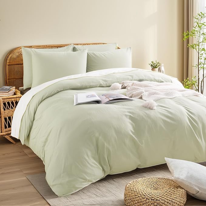 NEXHOME PRO Duvet Cover Set Queen Size Linen Feel Textured Organic Natural 100% Washed Cotton Duvet Cover 3 Pieces Bedding Set with Zipper Closure, Breathable, Soft, Mint Green (No Comforter)