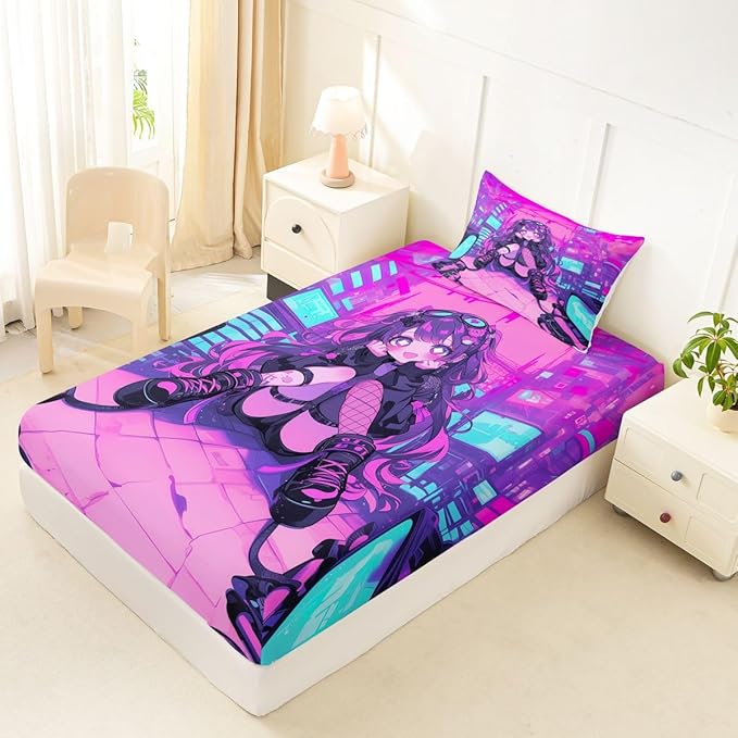 Erosebridal Fashion Girls Twin Bed Sheets Japanese Girl Fitted Sheet,Girly 3D Gaming Kids Bedding Sets Fashion Pink Coquette Sheets with 1 Pillowcase