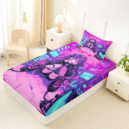 Erosebridal Fashion Girls Twin Bed Sheets Japanese Girl Fitted Sheet,Girly 3D Gaming Kids Bedding Sets Fashion Pink Coquette Sheets with 1 Pillowcase