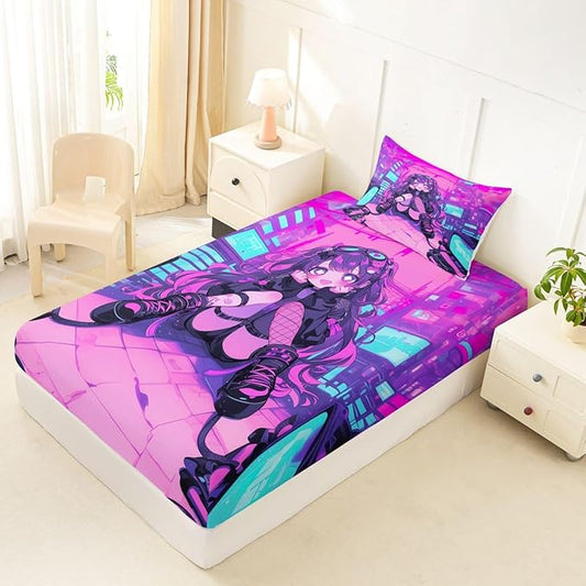 Erosebridal Fashion Girls Twin Bed Sheets Japanese Girl Fitted Sheet,Girly 3D Gaming Kids Bedding Sets Fashion Pink Coquette Sheets with 1 Pillowcase