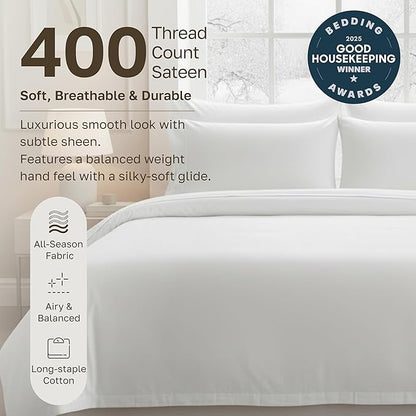 California Design Den Striped White Duvet Cover King Size Only - Premium 400 Thread Count, 100% Cotton Sateen, Button Closure & Corner Ties - White