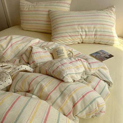 EAVD Colorful Striped Duvet Cover Queen Soft 100% Cotton Vintage Pink Green Yellow Stripes Printed Bedding Set with 2 Pillowcases Retro Reversible Geometric Comforter Cover with Zipper Corner Ties