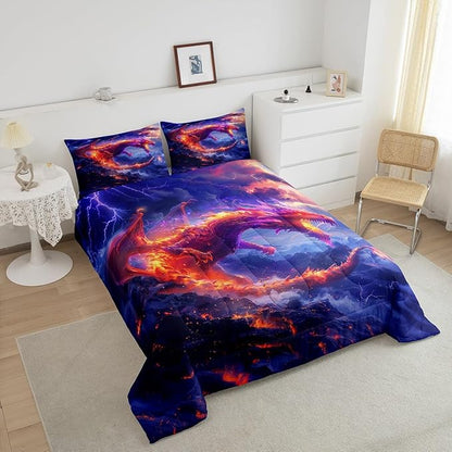 Fire Dragon Comforter Set Queen Size,Galaxy Starry Sky Flame Dragon Bedding Set,Kids Girls Boys Teens Bedroom Decor,Western Magical Style Quilt Set Lightning Wild Animals Duvet Insert,2 Pillowcases