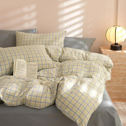 EAVD Blue Yellow Gingham Comforter Set Queen Soft Modern Grid Plaid Comforter Set 3 Pieces Reversible Grid Checkered Pattern Bedding with 2 Pillowcases Farmhouse Gingham Bedding Set for All-Season