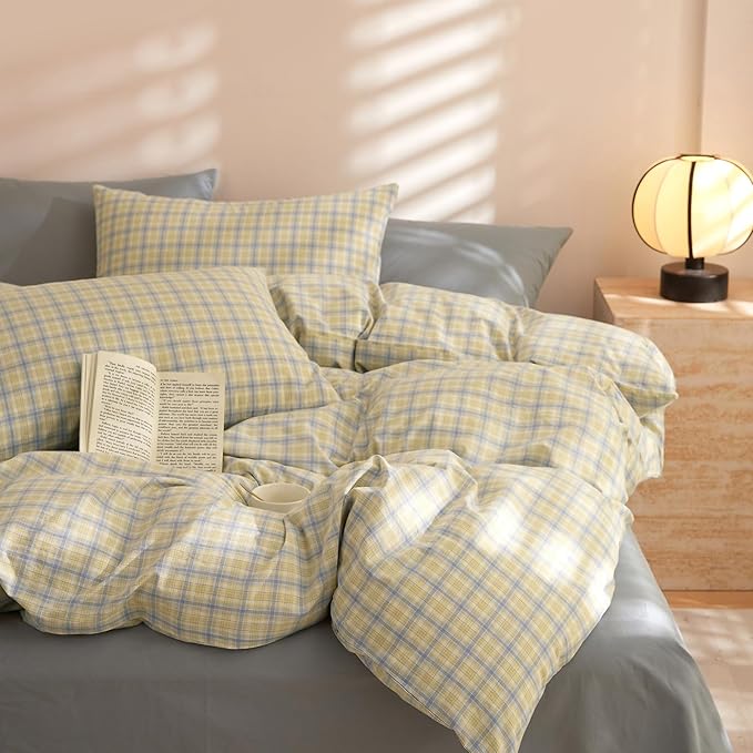 EAVD Blue Yellow Gingham Comforter Set Full Soft Modern Grid Plaid Comforter Set 3 Pieces Reversible Grid Checkered Pattern Bedding with 2 Pillowcases Farmhouse Gingham Bedding Set for All-Season