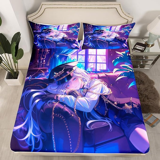 Erosebridal Anime Girl Fitted Sheet Twin Size Japanese Anime Bed Sheets for Kids Boys Teens Women Bedroom Decor, Cartoon Girl Bedding Set Japanese Animation Kawaii Sheets, Purple