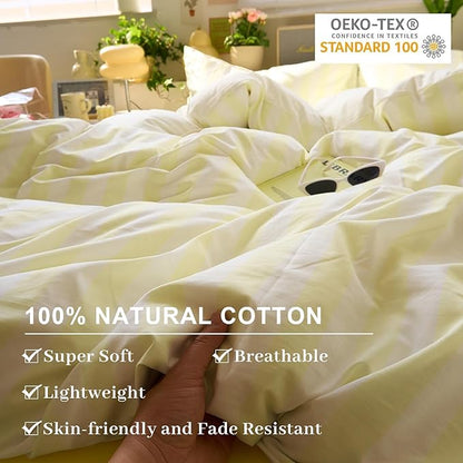 EAVD Yellow and White Vertical Striped Duvet Cover Queen Soft Washed Microfiber Farmhouse Yellow Striped Bedding Set with 2 Pillowcases Reversible Geometric Pattern Duvet Cover with Zipper Closure