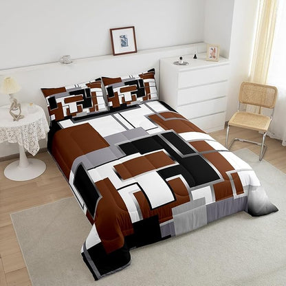 Erosebridal Square Comforter Sets for Teens Youth,Brown White Grey Bedding Set,3D Geometric Quilt Set,Grunge Farmhouse Grid Duvet Insert with 2 Pillowcases Lightweght Warm,Full