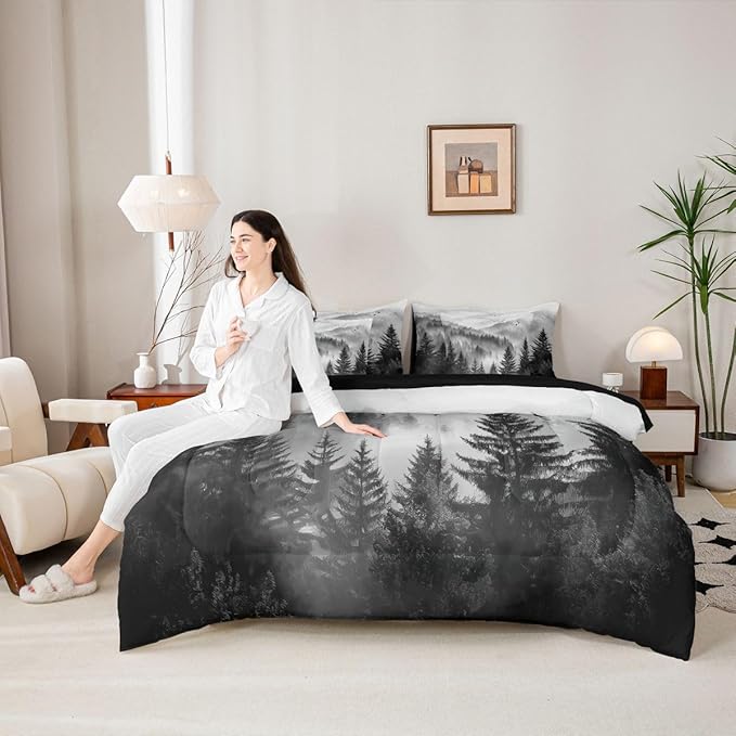 Erosebridal Foggy Mountain Full Comforter Set with Sheets 7 Piece Grey Forest Pine Tree Bed in A Bag Nature Misty Woodland Bedding Sets for Kids Adults,Flying Bird Bed Set