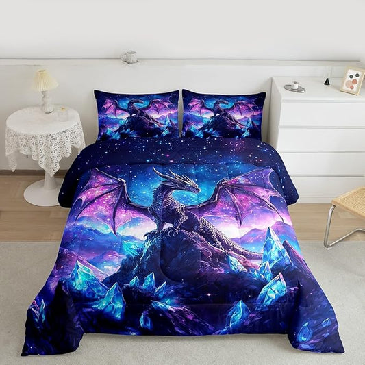Castle Fairy Dragon Comforter Set,Wild Animals Bedding Set for Kids Teens,Iceberg Starry Sky Purple Quilt Set,Duvet Insert 2 Pcs with 1 Pillowcase,Toddler
