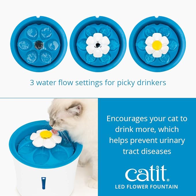 Catit LED Flower Fountain with Triple Action Filter, 3 L, Blue | Cat Drinking Water Fountain