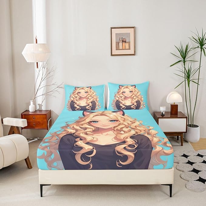 Erosebridal Kawaii Cat Girl Cute Fitted Sheet, 3D Japanese Style Bedding Set Japanese Anime Girl Sheets Twin, 1 Fitted Sheet 1 Pillowcase (No Flat Sheet)