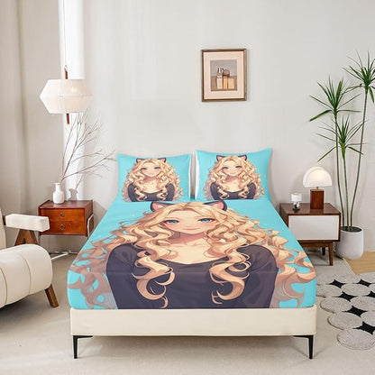 Erosebridal Kawaii Cat Girl Cute Fitted Sheet, 3D Japanese Style Bedding Set Japanese Anime Girl Sheets Twin, 1 Fitted Sheet 1 Pillowcase (No Flat Sheet)