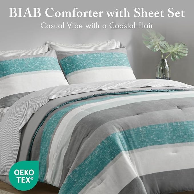 Madison Park Essentials Twin Comforter Set, Bed in A Bag Comforter & Sheet Set, Modern Casual Stripes Print, All Seasons, Soft Microfiber Bedding Makeover, Matching Shams, Twin Aqua/Grey 5 Piece