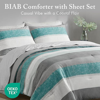 Madison Park Essentials Twin Comforter Set, Bed in A Bag Comforter & Sheet Set, Modern Casual Stripes Print, All Seasons, Soft Microfiber Bedding Makeover, Matching Shams, Twin Aqua/Grey 5 Piece