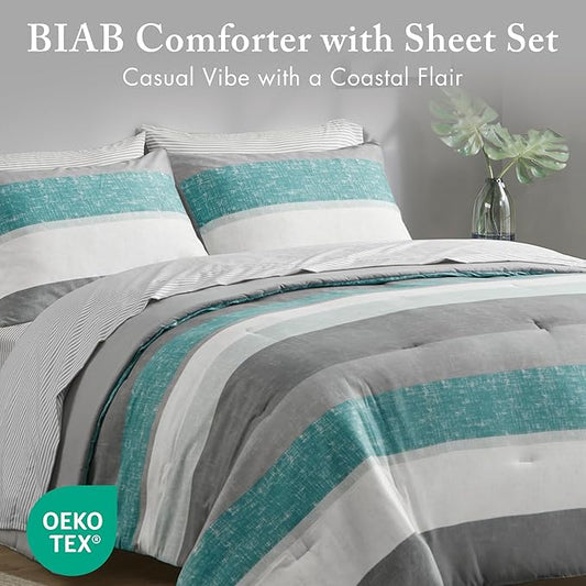 Madison Park Essentials King Comforter Set, Bed in A Bag Comforter & Sheet Set, Modern Casual Stripes Print, All Seasons, Soft Microfiber Bedding Makeover, Matching Shams, King Aqua/Grey 7 Piece