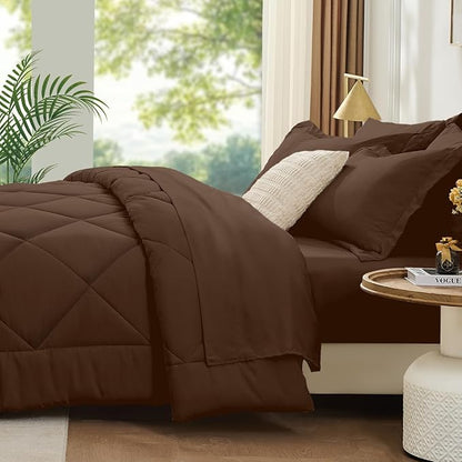 FUANNA 7 Pieces Queen Comforter Set, All Season Bed in a Bag Queen Size, Luxury Soft Bedding Sets with Comforter, Flat Sheet, Fitted Sheet, Pillowcases & Pillow Shams, Dark Brown