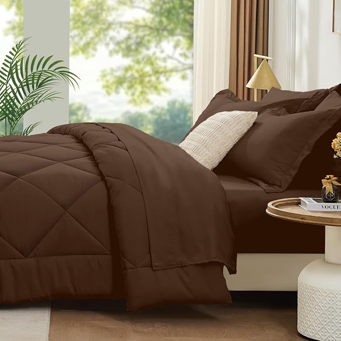 FUANNA 7 Pieces Full Size Comforter Sets, All Season Bedding Sets Full Size, Luxury Soft Bed in a Bag with Comforter, Flat Sheet, Fitted Sheet, Pillowcases & Pillow Shams, Dark Brown