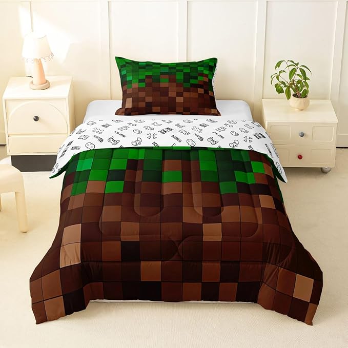 Manfei Pixelated Girls Bedding Set Twin Size,Patchwork Grid Video Games Comforter Set,Miners Lattice Simple Quilt Comforter Girls Boys Teens,Dark Green Brown Room Decor All Season,1 Pillowcase