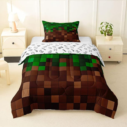 Manfei Pixelated Girls Bedding Set Twin Size,Patchwork Grid Video Games Comforter Set,Miners Lattice Simple Quilt Comforter Girls Boys Teens,Dark Green Brown Room Decor All Season,1 Pillowcase