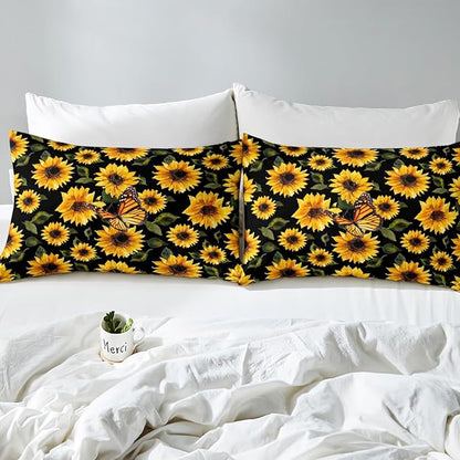 Feelyou Sunflower Bedding Set Girls Yellow Floral Butterfly Comforter Chic Flowers Pattern Comforter Set for Kids Teens Botanical Nature Duvet Set Ultra Soft Room Decor Queen Size…