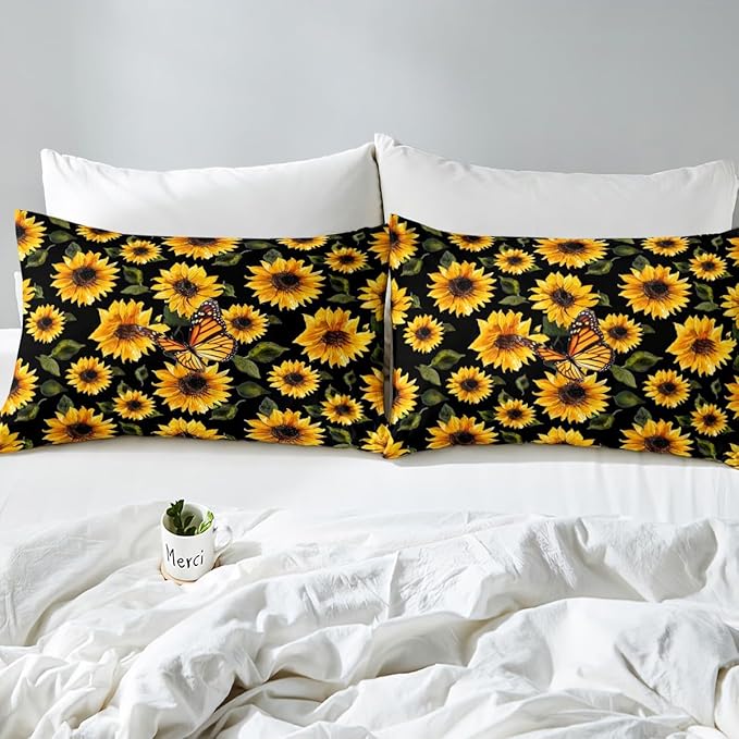 Feelyou Sunflower Bedding Set Girls Yellow Floral Butterfly Comforter Chic Flowers Comforter Set for Kids Teens Botanical Nature Duvet Set Soft Room Decor King Size Boys