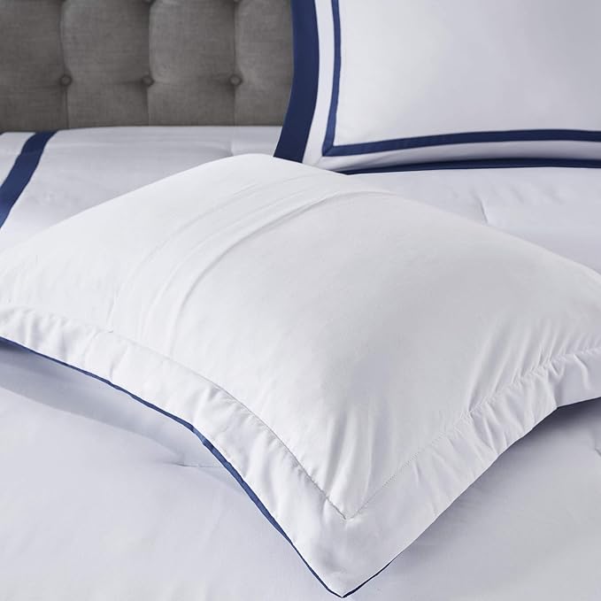 Madison Park Heritage Comforter Quilt Combo Set - Modern Luxury Design, All Season Down Alternative Bedding, Matching Shams, Decorative Pillows, Full/Queen(90"x90"), Color Block Navy 8 Piece