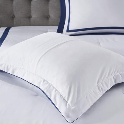 Madison Park Heritage Comforter Quilt Combo Set - Modern Luxury Design, All Season Down Alternative Bedding, Matching Shams, Decorative Pillows, Full/Queen(90"x90"), Color Block Navy 8 Piece