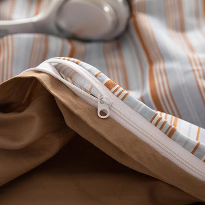 Striped Twin Duvet Cover Light Blue Caramel Brown Twin Comforter Cover Cotton Boho Soft Vintage Duvet Cover Set with 2 Pillow Cases Vertical Stripe Bedding Set Pattern Duvet Protector