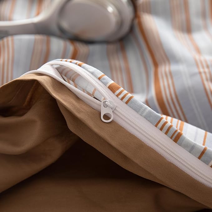 Striped Duvet Cover Twin XL Light Blue Caramel Brown Comforter Cover Twin XL Cotton Boho Soft Vintage Duvet Cover Set with 2 Pillow Cases Vertical Stripe Bedding Set Pattern Duvet Protector