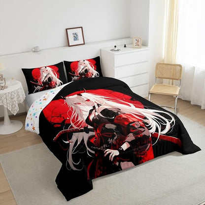 Erosebridal King Japanese Anime Bedding Set for Kids, Anime Girl Comforter Set Kawaii Japanese Style Duvet Insert Cartoon Japan Animation Quilt for Boys Teens Adult Women Bedroom, Red Black
