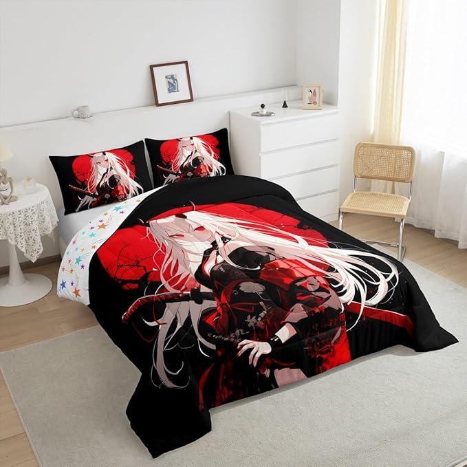 Erosebridal Toddler Japanese Anime Bedding Set for Kids, Anime Girl Comforter Set Kawaii Japanese Style Duvet Insert Cartoon Japan Animation Quilt for Boys Teens Adult Women Bedroom, Red Black