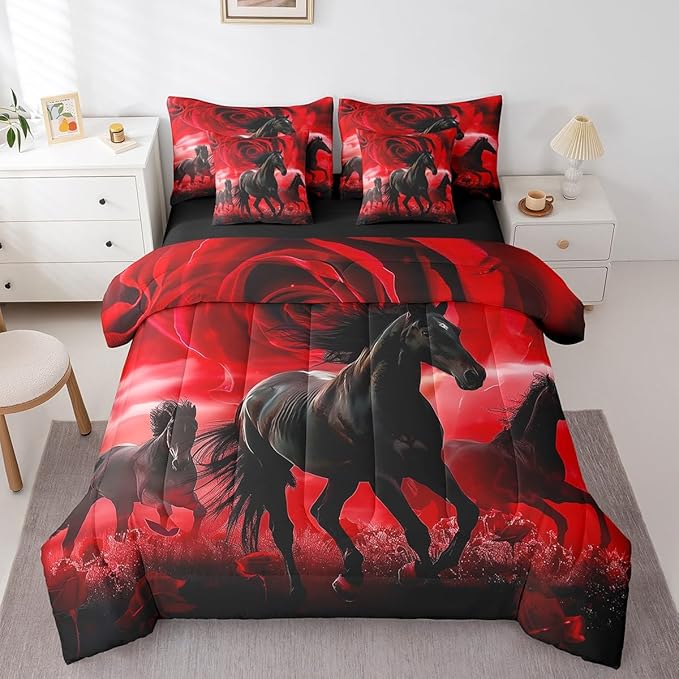 Erosebridal Horse Comforter Set 7 Piece Bed in a Bag Twin,Red Rose Flowers Bedding Sets Western Animals Sheet Set with Comforter
