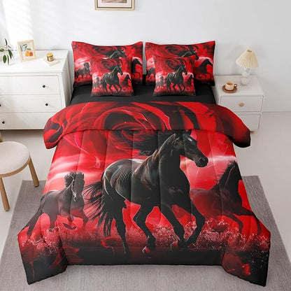 Erosebridal Horse 7 Piece Comforter Set Full Bed in a Bag,Red Rose Flowers Bedding Sets Western Animals Sheet Set with Comforter
