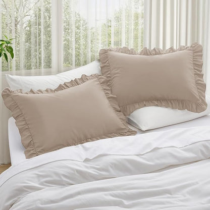 KKJIAF Ruffle Pillow Cases Queen Size Set of 2, Khaki Ruffled Pillow Covers with Envelope Closure, Wrinkle Resistant Pillowcases 20" x 30", Ruffled Pillow Shams